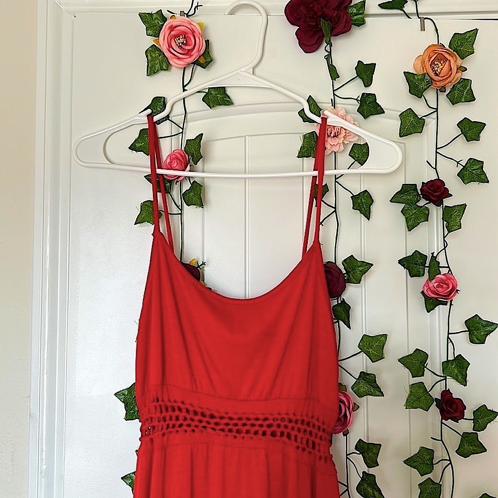 Red open waist high low dress